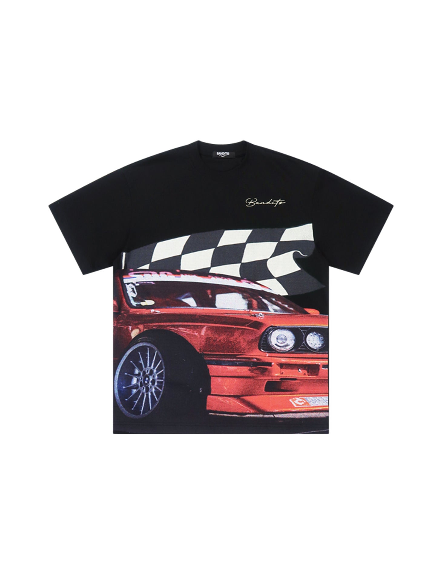 S TEE BLACK is a heavy GSM cotton tee in black with a large DTG print of a red sports car, racing stripes across the chest, and the brand logo near the collar on a plain white background.