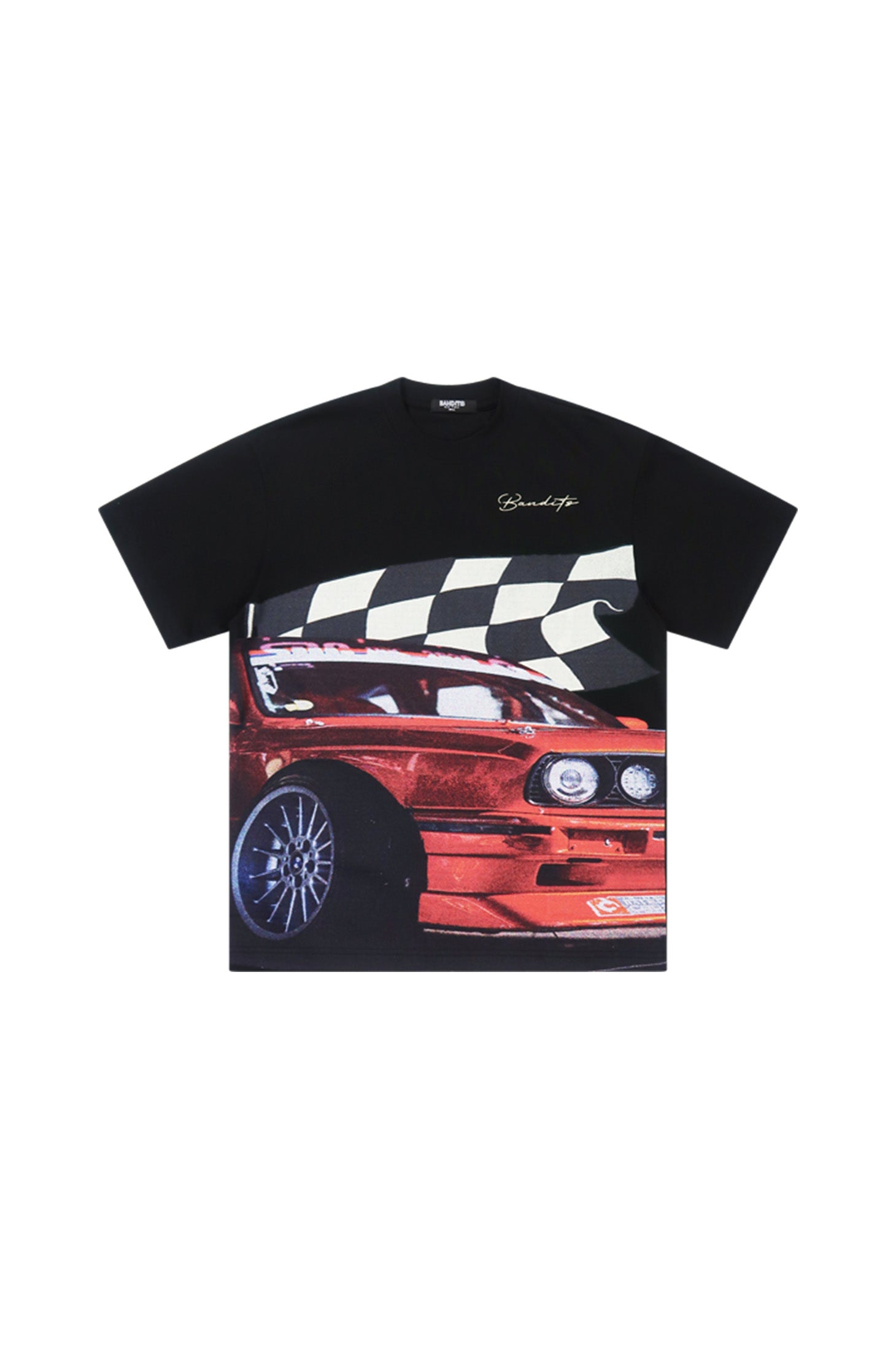 The BBS S/S TEE BLACK is a heavy GSM cotton tee in black with a large DTG print of a red sports car, racing stripes across the chest, and the brand logo near the collar on a plain white background.